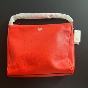 💼💼NWT TORY BURCH CARTER SLOUCHY Poppy Red PEBBLE LEATHER HOBO SHOULDER 💼